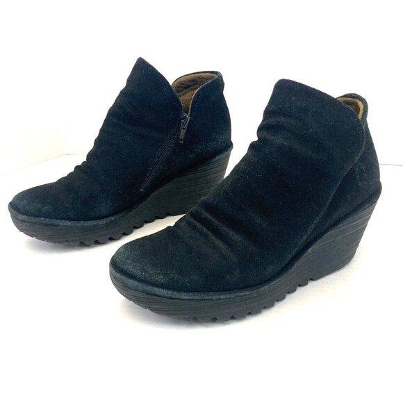 Fly London Wedge Ankle Bootie Womens EU Size 38 / US 7.5 / 8 Black Suede Leather - Picture 2 of 16
